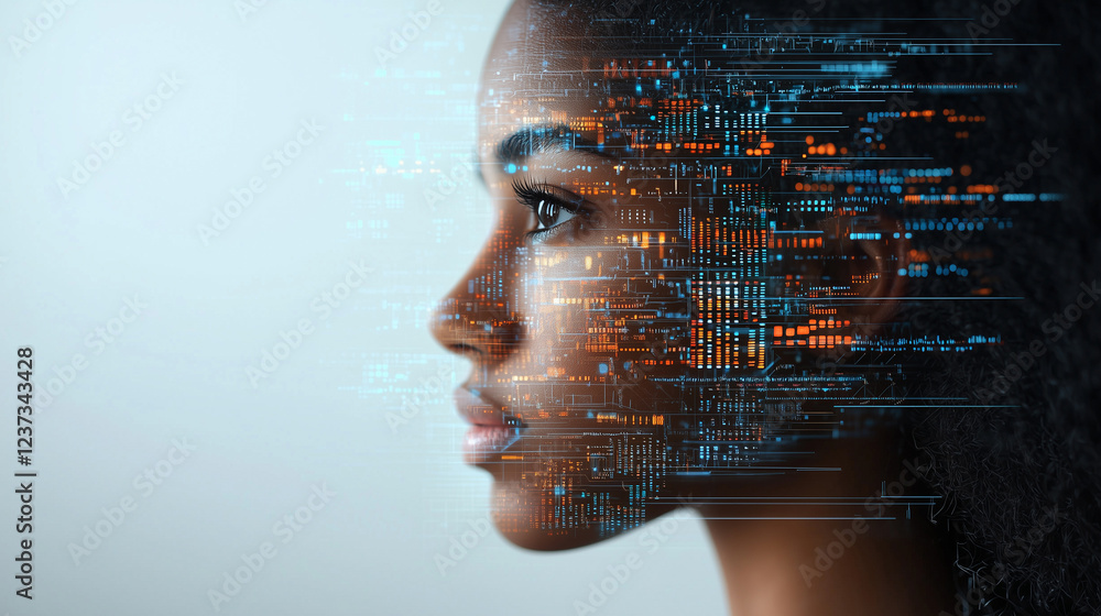 Aufkleber digital interface merging with african woman's profile symbolizing future of artificial intelligence