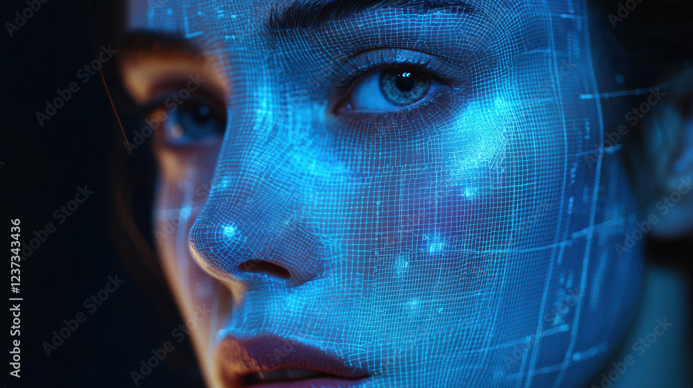 Aufkleber futuristic digital face with blue grid patterns representing artificial intelligence and virtual rea