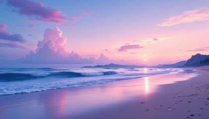 Obraz premium Serene Pink Sunset Beachscape: A Dreamy Coastal Paradise