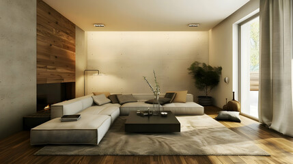A modern living room featuring a sectional sofa, coffee table, and natural light.