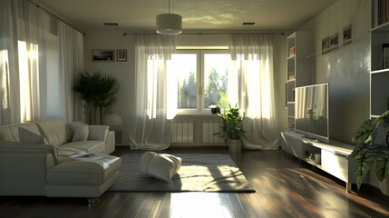 Fototapeta premium A bright, modern living room with natural light, plants, and a cozy atmosphere.