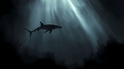 Fototapeta premium A lone hammerhead shark swims in the deep, illuminated by soft rays of light. Moody Monochrome. Illustration