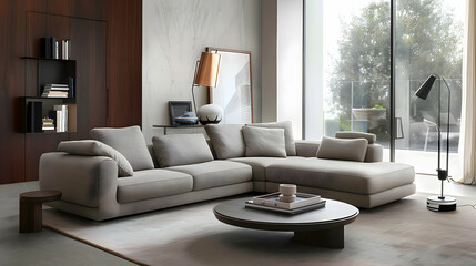 Fototapeta premium Modern living room featuring a sectional sofa, coffee table, and large windows for natural light.