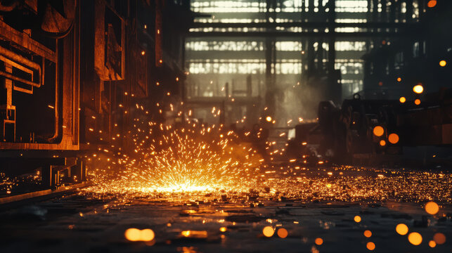 Sparks flying in an industrial factory setting with glowing metal and machinery under dramatic lighting
