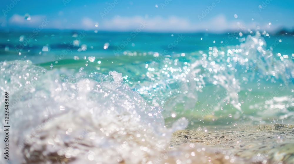 Poster turquoise waves crash and foam on sandy beaches, illuminated by sunlight, creating a refreshing coas