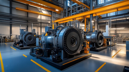 Fototapeta premium A panoramic view of multiple heat exchangers in an open factory setting, with clean, modern machines surrounding them and large overhead beams creating shadows that enhance the industrial feel