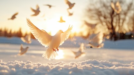 A white dove in flight bathed in the golden light of a winter sunset surrounded by a flock of its brethren