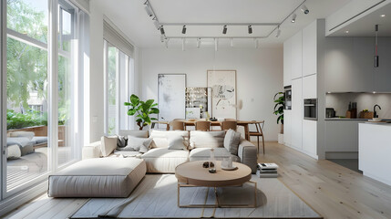 Fototapeta premium Modern living room with open kitchen, featuring natural light and stylish furniture.