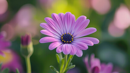 Obraz premium A close-up of a vibrant pink flower with a blurred background of greenery.