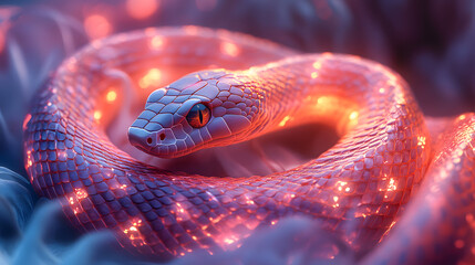 A hypnotic king cobra coiled in a glowing neon spiral