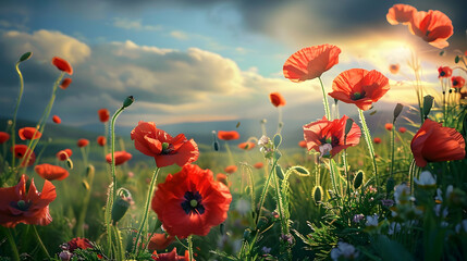Obraz premium A vibrant field of red poppies under a dramatic sky at sunset.