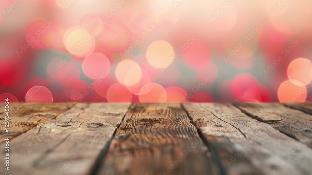 Poster a rustic wooden table takes center stage with a beautiful red bokeh backdrop, creating a welcoming a