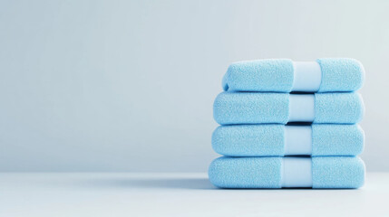 Soft blue towels stacked neatly on light background, creating minimalistic and calming atmosphere. Perfect for spa or bathroom settings