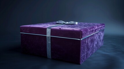 A luxurious velvet gift box in royal purple with a silver ribbon, placed on a dark gradient background with soft spotlighting and ample space for copy.