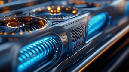 Powerful cooling system featuring glowing fans spinning quickly, delivering advanced thermal management with vibrant blue orange led lighting for high performance computing hardware