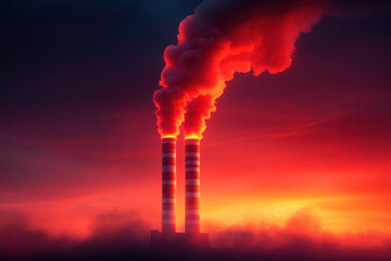 Fototapeta premium Modern factory emitting smoke into atmosphere at sunset, highlighting environmental pollution and industrial impact. vibrant colors evoke sense of urgency