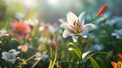 Fototapeta premium A vibrant field of lilies in soft sunlight, showcasing nature's beauty and tranquility.