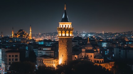 Naklejka premium A panoramic view of Istanbul at night, showcasing the historical landmarks like the Galata Tower and the Blue Mosque. The city lights create an enchanting atmosphere with a backdrop of modern building
