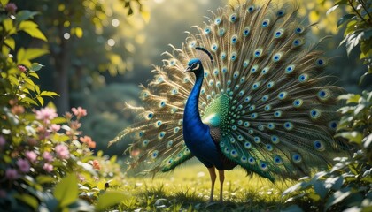 Obraz premium Majestic Peacock in a Lush Garden: A Vibrant Display of Nature's Beauty