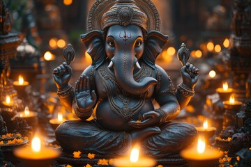 Obraz premium Ganesha statue, temple, candles, night, prayer, spirituality, faith, India