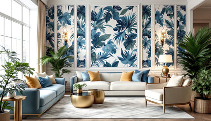 Fototapeta premium Elegant Hotel Living Room Tropical Interior with Classic Charm