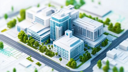 Isometric Model of a Modern Hospital Building on a City Map. AI generated illustration
