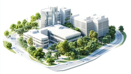 Isometric Model of a Modern Hospital Building on a City Map. AI generated illustration
