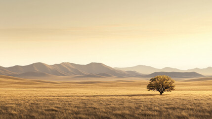 Fototapeta premium serene desert landscape at dawn featuring rolling hills and solitary tree. soft pastel hues create tranquil atmosphere, inviting reflection and peace