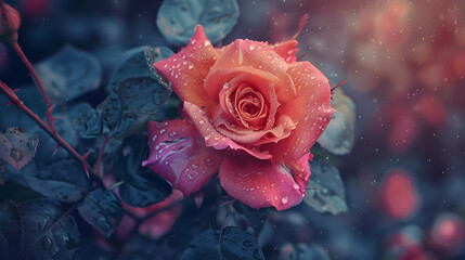 A close-up of a pink rose with raindrops, set against a softly blurred background.