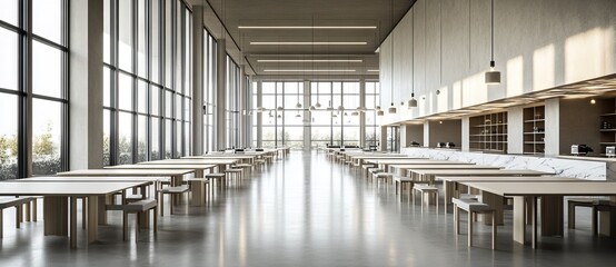 Fototapeta premium Spacious Modern Office Interior with Long Tables and Concrete Accents - AI generated illustration