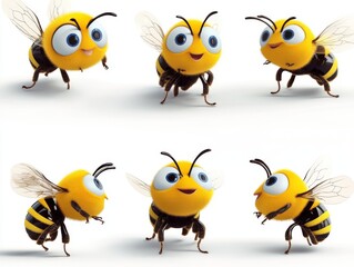 Fototapeta premium Six cute cartoon bees showing different expressions and poses