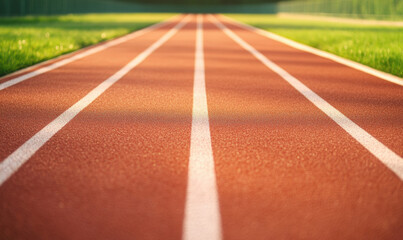close up view of running track with vibrant red surface and white lines, surrounded by green grass, inviting athletes to train and compete