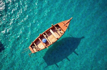 aerial view of blue sea with floating transparent kayak is going into sand beach, person with life jacket on boat