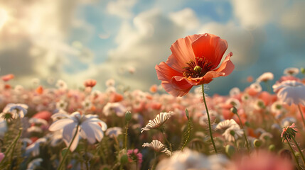 Naklejka premium A vibrant field of flowers with a focus on a single poppy amid daisies and a scenic sky.