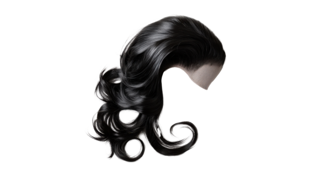 Black wig with transparent background flowing in the air