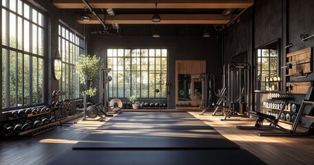 Modern Gym Interior Design with Large Windows and Industrial Style - AI generated illustration
