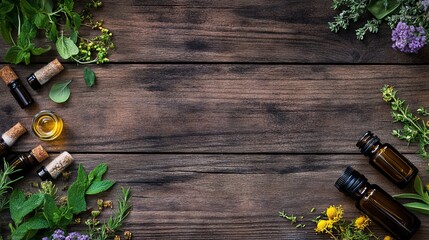 Traditional Medicine with Herbs and Essential Oil Bottles on Wooden Table - AI generated illustration
