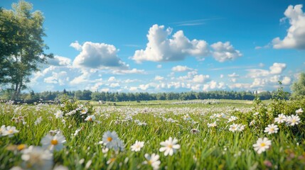 Sunny meadow, daisies, blue sky, summer.  Background distant trees, idyllic landscape. Use nature, travel
