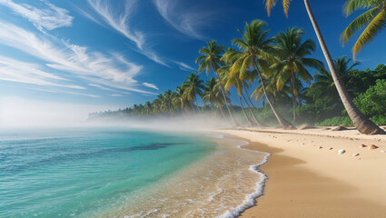 Serene Tropical Beach with Palm Trees and Clear Ocean