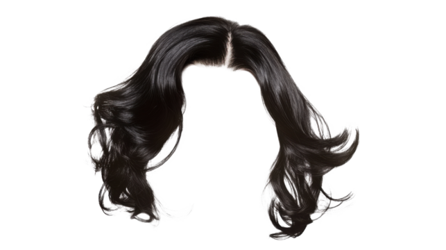 Black wavy hair isolated on transparent background for easy photo editing