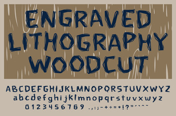 Full alphabet with highly detailed textured letters with an old linocut print texture. Unique Design Font. Carved, Engraved, Woodcut..eps