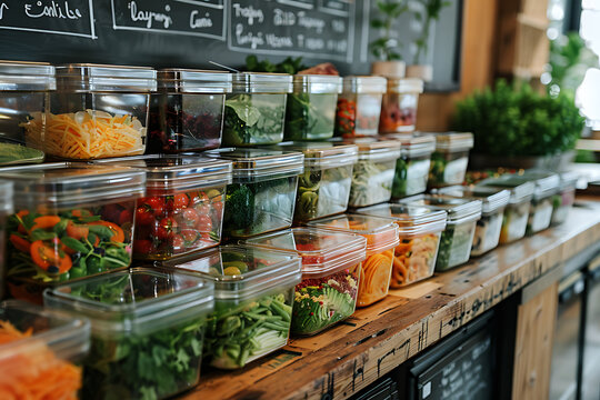 sustainable meal prep, stacked eco-friendly containers, storage tips on a blackboard, and community meal-prepping events combat waste