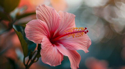 A close-up of a pink hibiscus flower with delicate petals and vibrant colors.