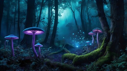 A mystical forest with giant glowing mushrooms in shades of blue and purple, fireflies dancing in the air, and an eerie green mist surrounding ancient, twisted trees, in a fantasy illustration style