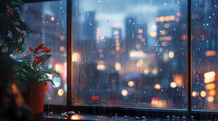 A cinematic scene of a window frame at dusk, with raindrops on the glass and a blurry cityscape beyond. Cinematic Frame. Illustration