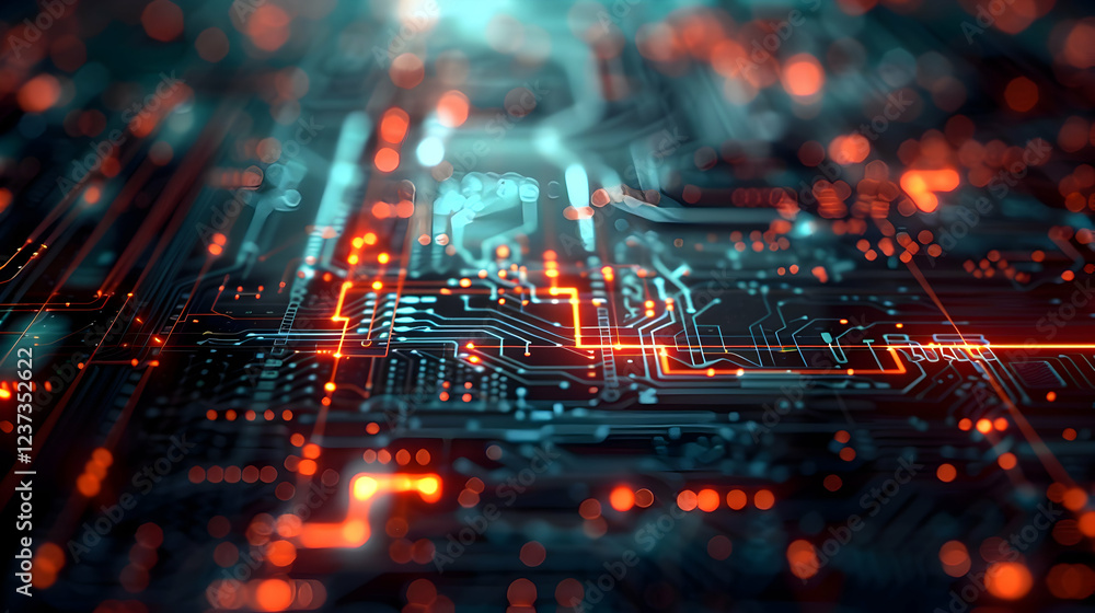 Poster abstract close-up of a circuit board with glowing lines and nodes representing technology.