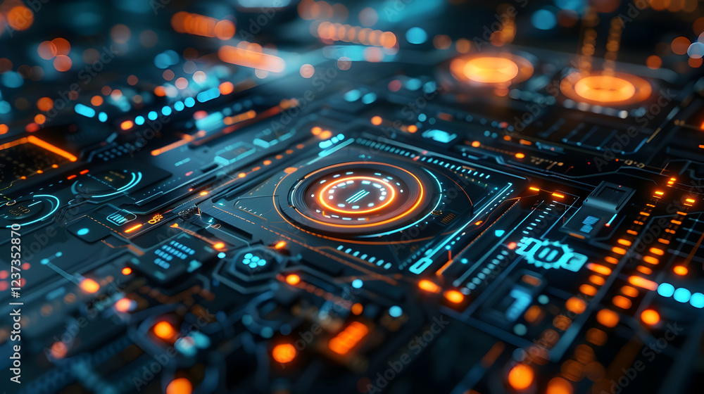 Poster close-up of a futuristic circuit board with glowing elements and intricate designs.