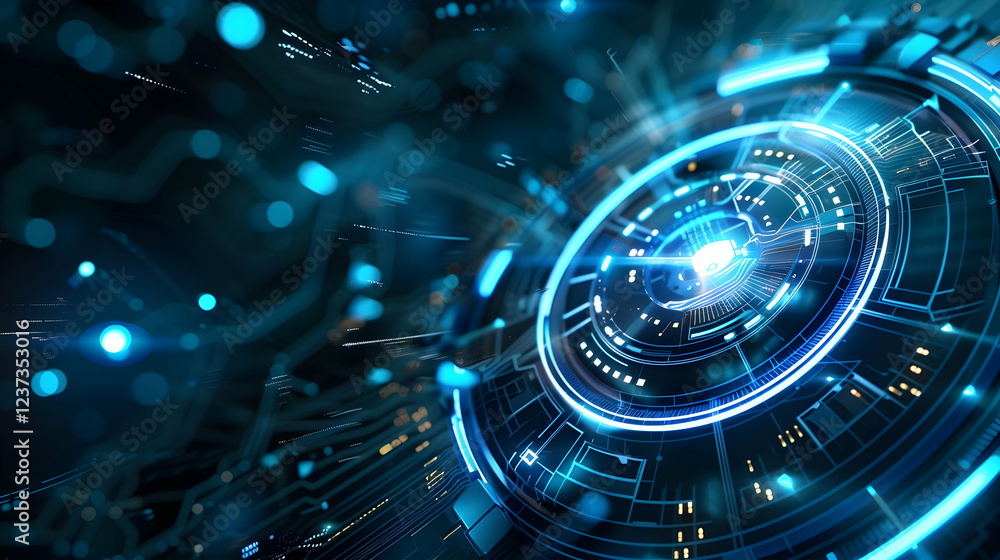 Aufkleber a futuristic digital interface with glowing blue elements and intricate patterns.
