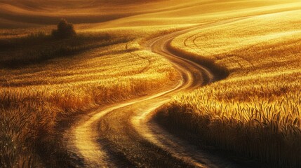 A countryside road winding through golden fields of wheat,