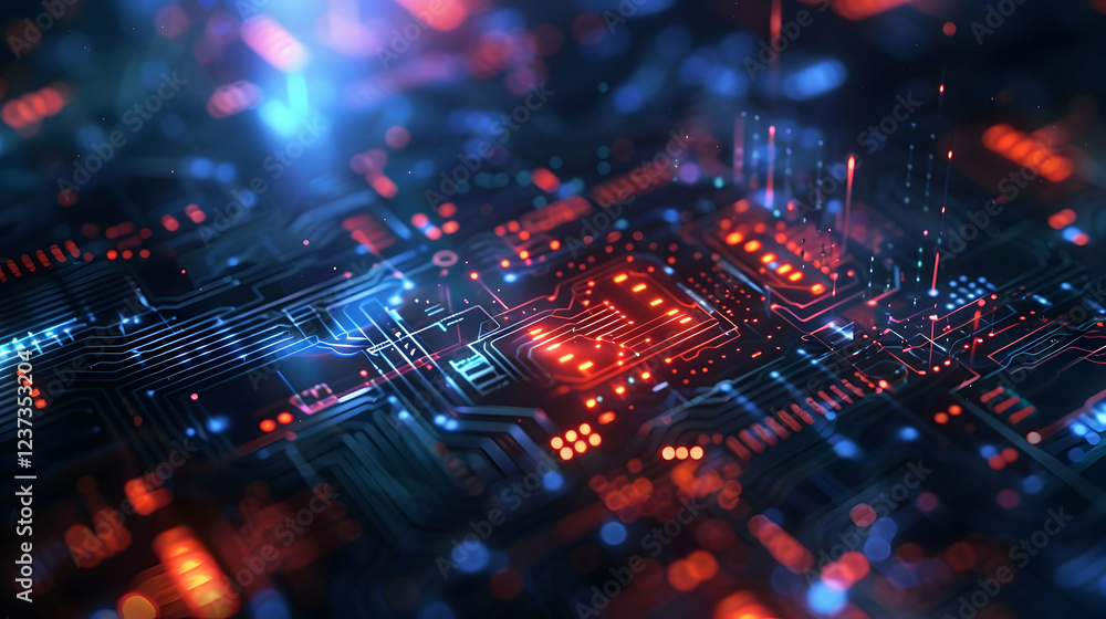 Poster abstract digital circuit board with glowing elements and futuristic design.